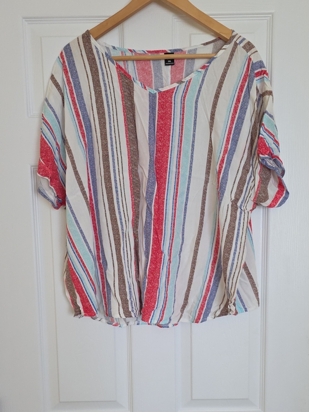 SHEIN Multicolor Striped V-Neck Blouse in Red, Blue, Brown & Cream